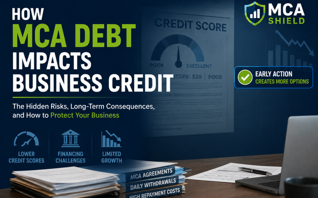 Featured image illustrating how MCA debt impacts business credit, highlighting lower credit scores, financing challenges, limited business growth, and the importance of protecting your financial future.