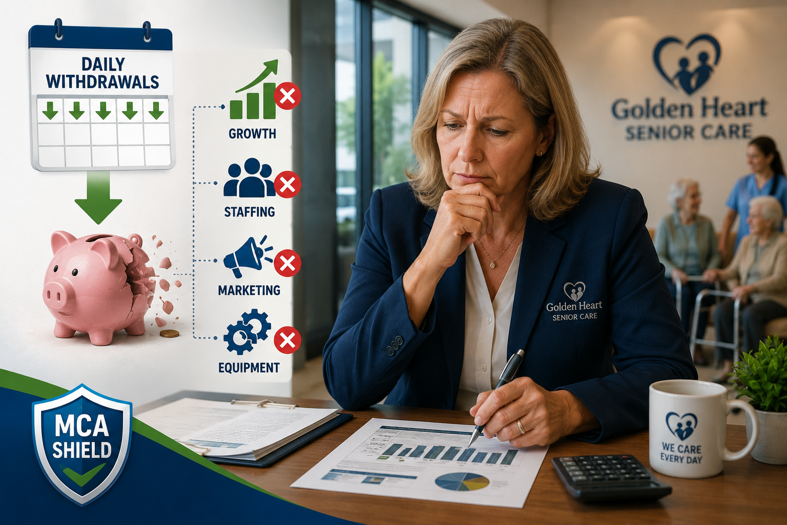 Senior care business owner reviewing finances while daily MCA withdrawals reduce cash flow available for growth, staffing, marketing, and equipment.