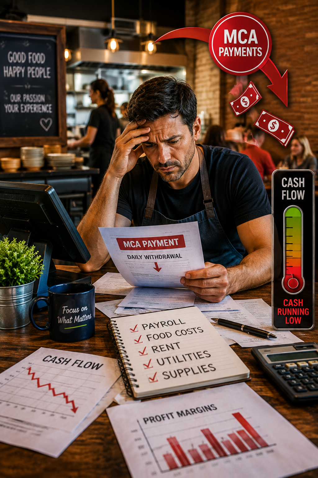 Restaurant owner reviewing financial documents while MCA payments reduce cash flow. Colorful restaurant scene highlights daily withdrawals, rising expenses, and the impact of MCA debt on payroll, food costs, inventory, and operations.