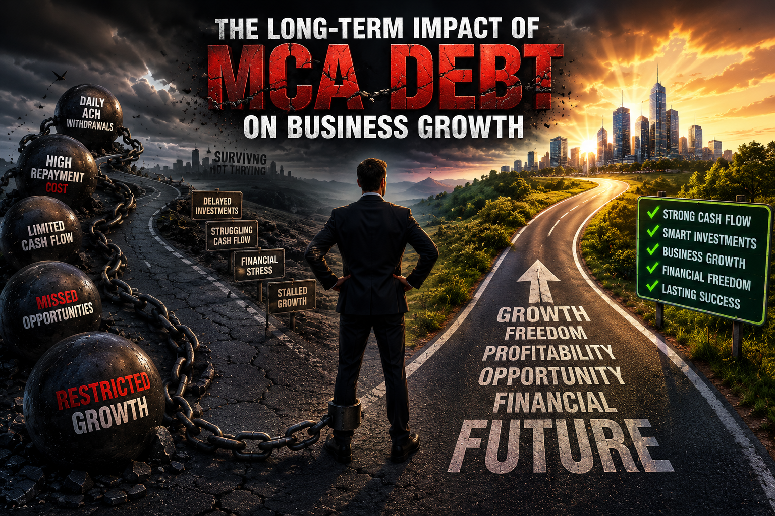 Dramatic illustration showing the long-term impact of MCA debt on business growth. A business owner stands at a crossroads between a dark path of cash flow strain, missed opportunities, and restricted growth, and a bright path representing growth, profitability, financial freedom, and long-term success. The image symbolizes how ongoing MCA debt can limit future business opportunities and expansion.