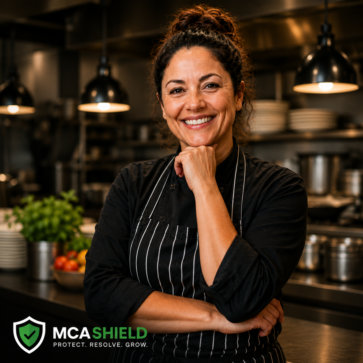 Smiling restaurant owner in a commercial kitchen with MCA Shield branding, representing MCA debt relief, improved cash flow, and renewed business confidence.