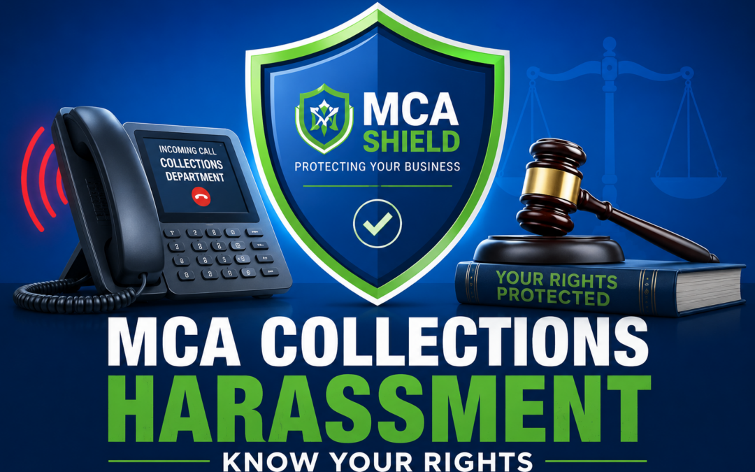 Large blue and green protective shield positioned between a ringing collection phone and a judge’s gavel on a clean blue gradient background. The image highlights legal protection and business rights with the headline “MCA Collections Harassment: Know Your Rights.”