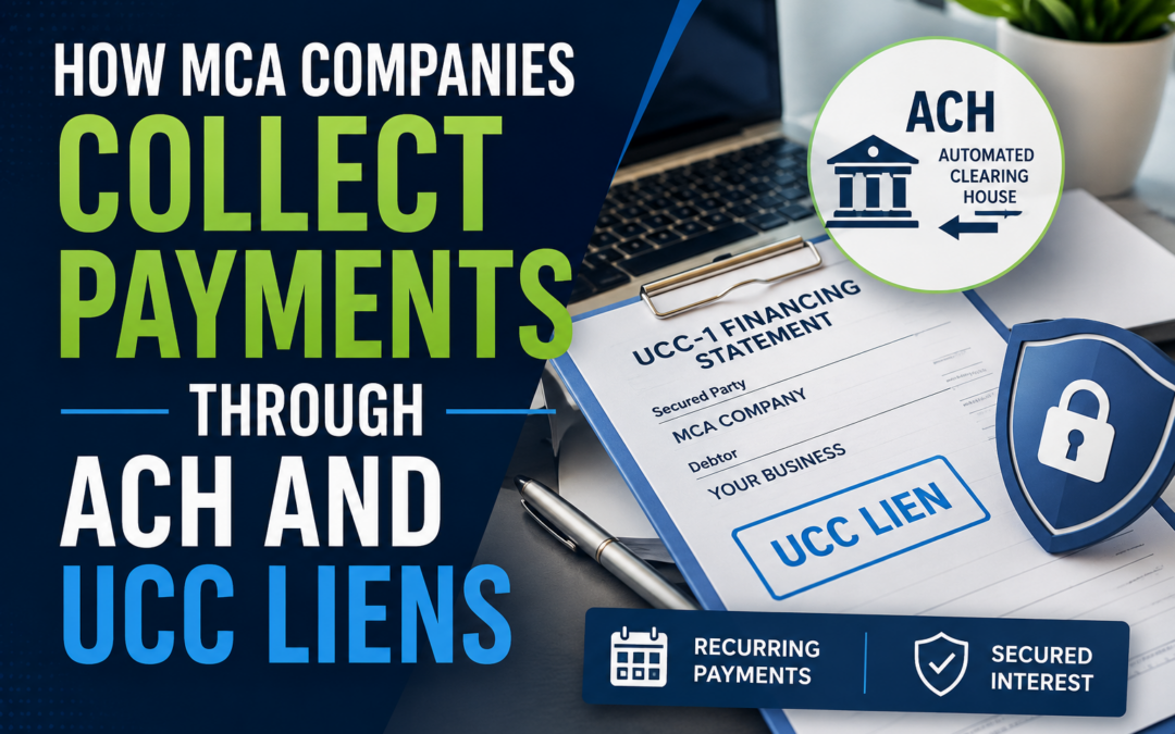 How MCA companies collect payments through ACH withdrawals and UCC liens, including a UCC-1 financing statement, recurring business account withdrawals, and merchant cash advance collection methods.