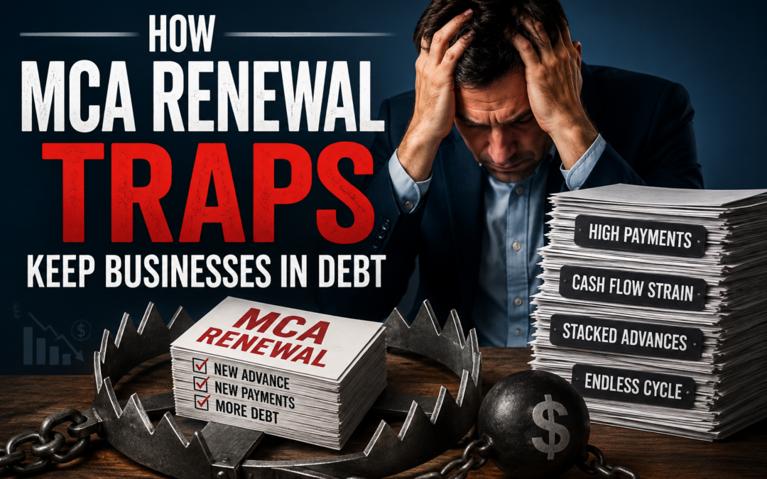 Business owner holding his head in frustration while surrounded by paperwork and a bear trap labeled MCA renewal, illustrating how repeated merchant cash advance renewals can create an ongoing cycle of debt, high payments, cash flow strain, and stacked advances.