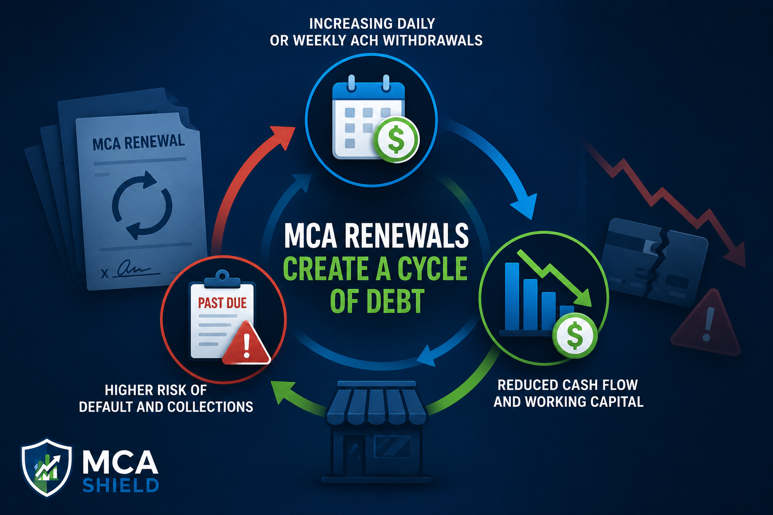Infographic showing how Merchant Cash Advance renewals can create a cycle of debt through increasing daily or weekly ACH withdrawals, reduced cash flow and working capital, and a higher risk of default and collections.