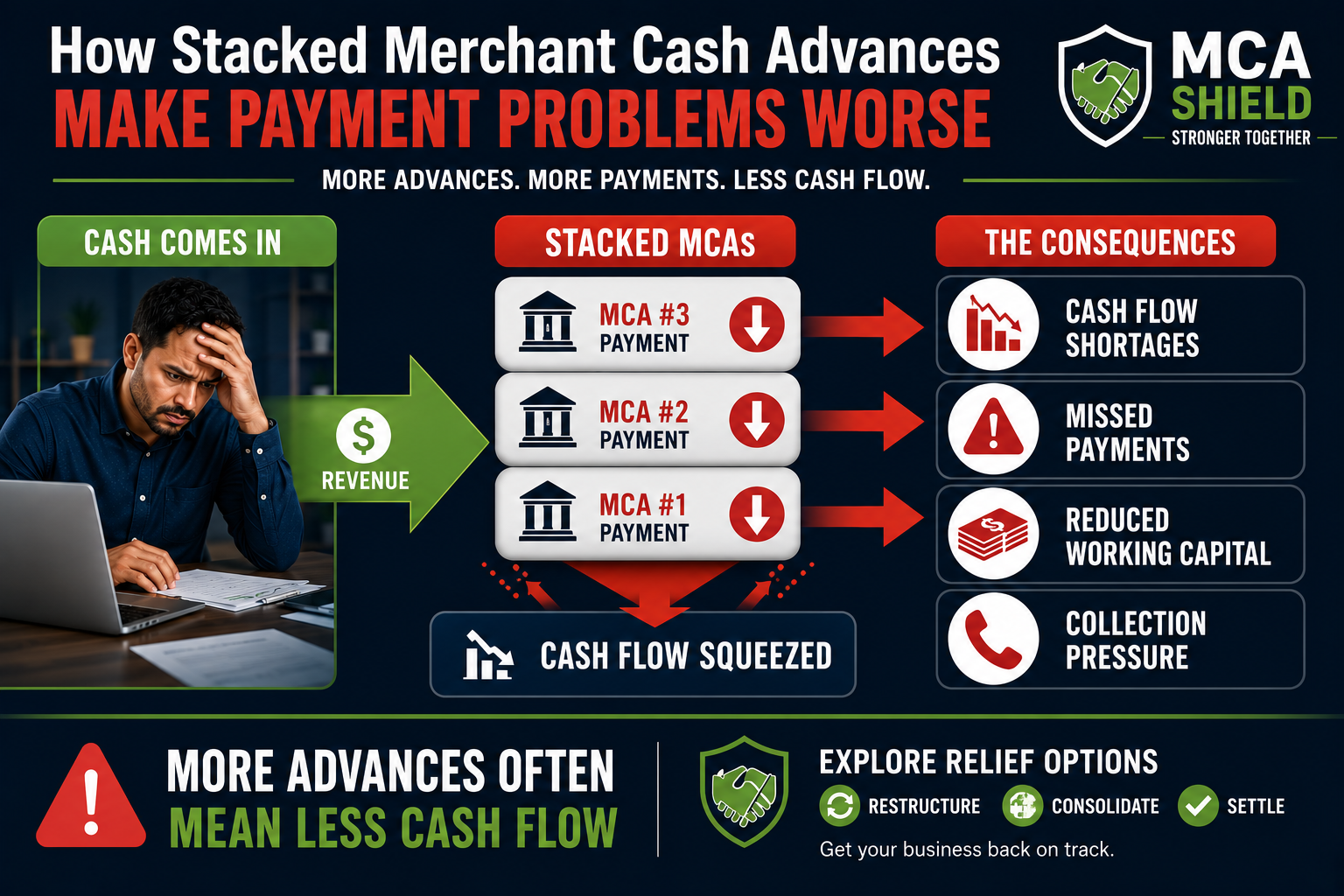 Graphic showing how stacked Merchant Cash Advances create cash flow shortages, missed payments, reduced working capital, and increased financial pressure for businesses.