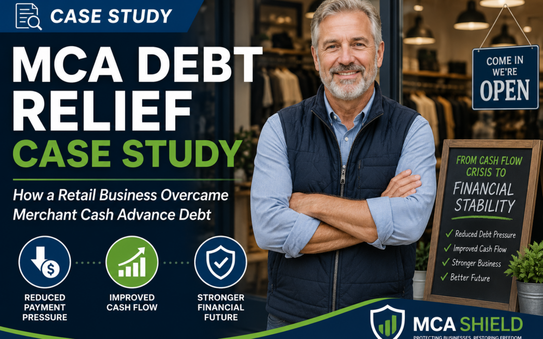 Smiling gray-haired retail business owner standing in front of a clothing store beside a sign highlighting financial stability. Featured image for an MCA debt relief case study showing how a retail business overcame merchant cash advance debt, reduced payment pressure, improved cash flow, and achieved a stronger financial future with MCA Shield.