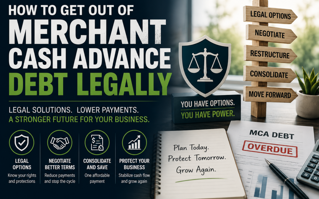 Professional infographic about legally resolving merchant cash advance debt, featuring bold text reading “How to Get Out of Merchant Cash Advance Debt Legally,” alongside business finance visuals including legal scales, directional signposts labeled legal options, negotiate, restructure, consolidate, and move forward, plus MCA debt documents, calculator, and financial planning tools symbolizing debt relief and business recovery solutions.