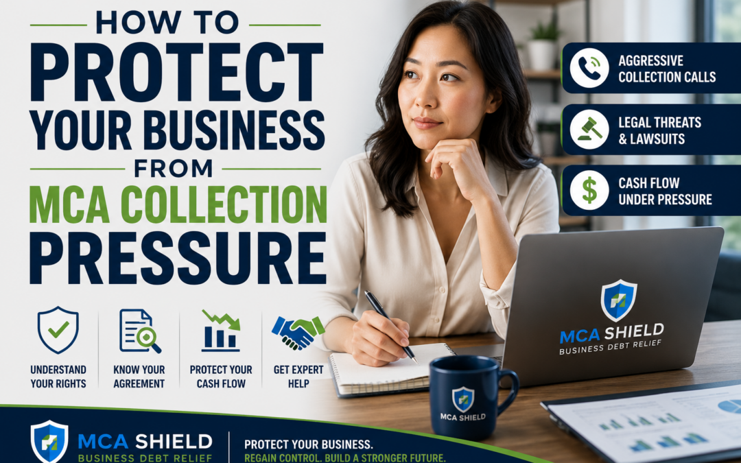 Business owner reviewing financial documents while learning how to protect a company from MCA collection pressure with strategies to safeguard cash flow and reduce debt stress.