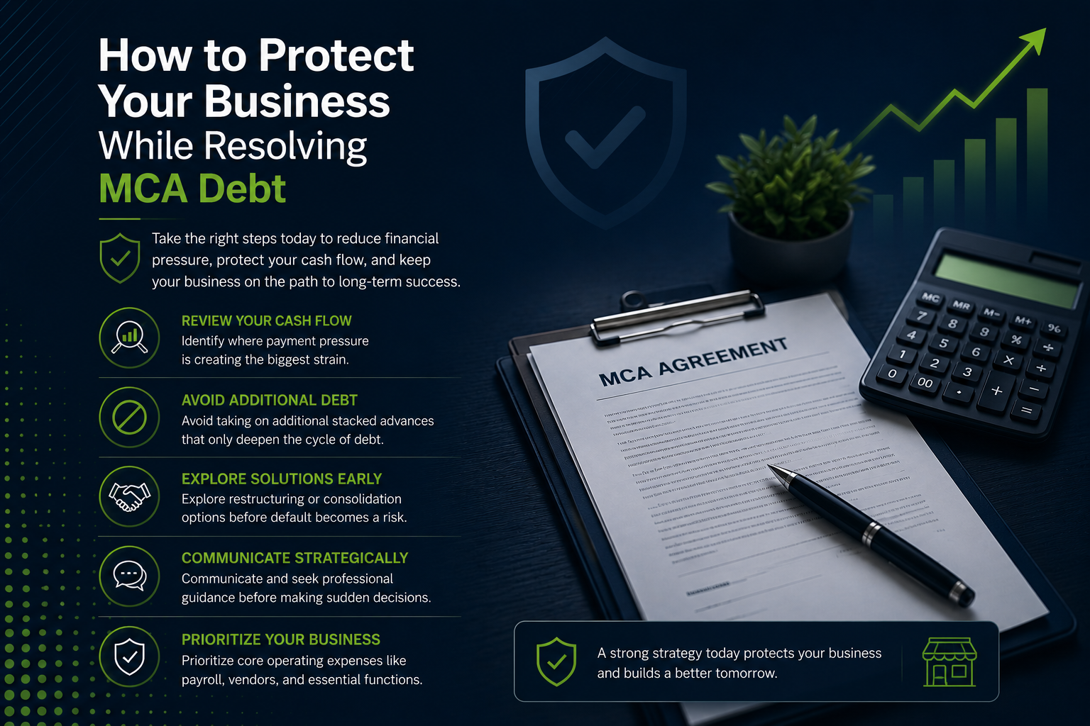 Professional business infographic titled “How to Protect Your Business While Resolving MCA Debt,” featuring a dark blue and green financial design with an MCA agreement document, calculator, shield icon, upward growth chart, and step-by-step business protection strategies including reviewing cash flow, avoiding additional debt, exploring solutions early, and prioritizing essential business operations during merchant cash advance debt relief.