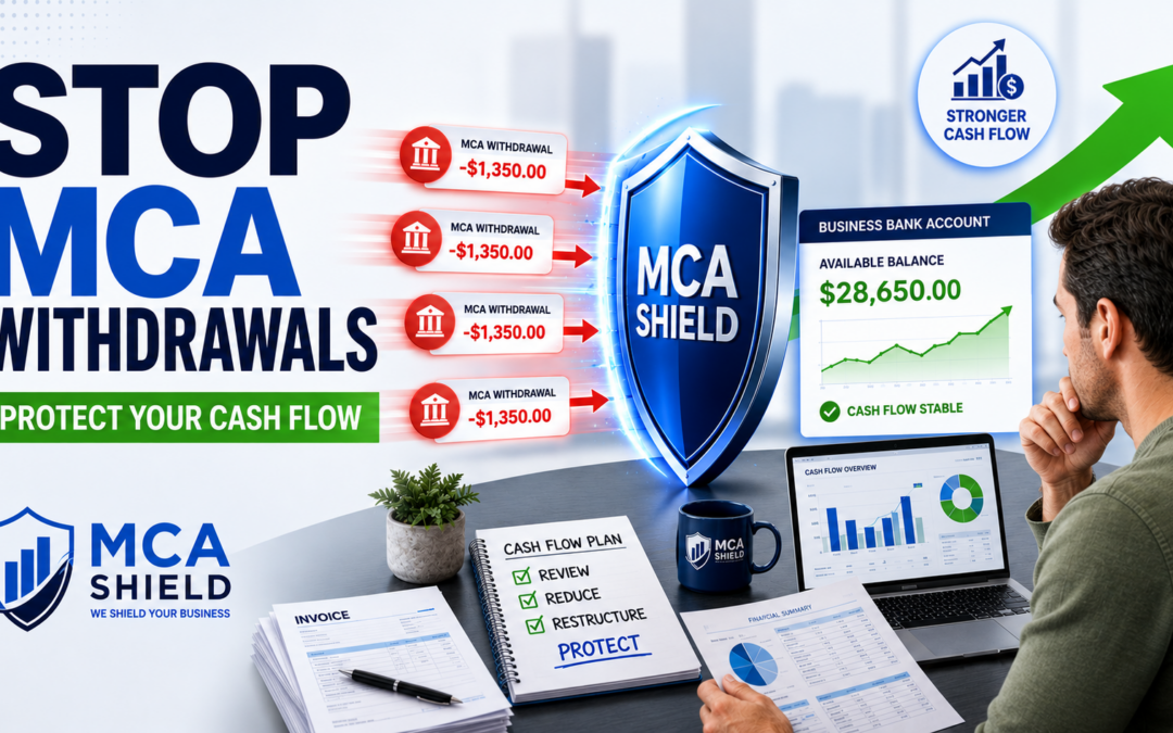 Vertical infographic titled "Steps to Take Before MCA Withdrawals Cause a Default" outlining four actions: review all current MCA obligations, analyze cash flow and business expenses, explore available relief options, and seek professional assistance early, featuring business icons, a step-by-step layout, and MCA Shield branding.Vertical infographic titled "Steps to Take Before MCA Withdrawals Cause a Default" outlining four actions: review all current MCA obligations, analyze cash flow and business expenses, explore available relief options, and seek professional assistance early, featuring business icons, a step-by-step layout, and MCA Shield branding.