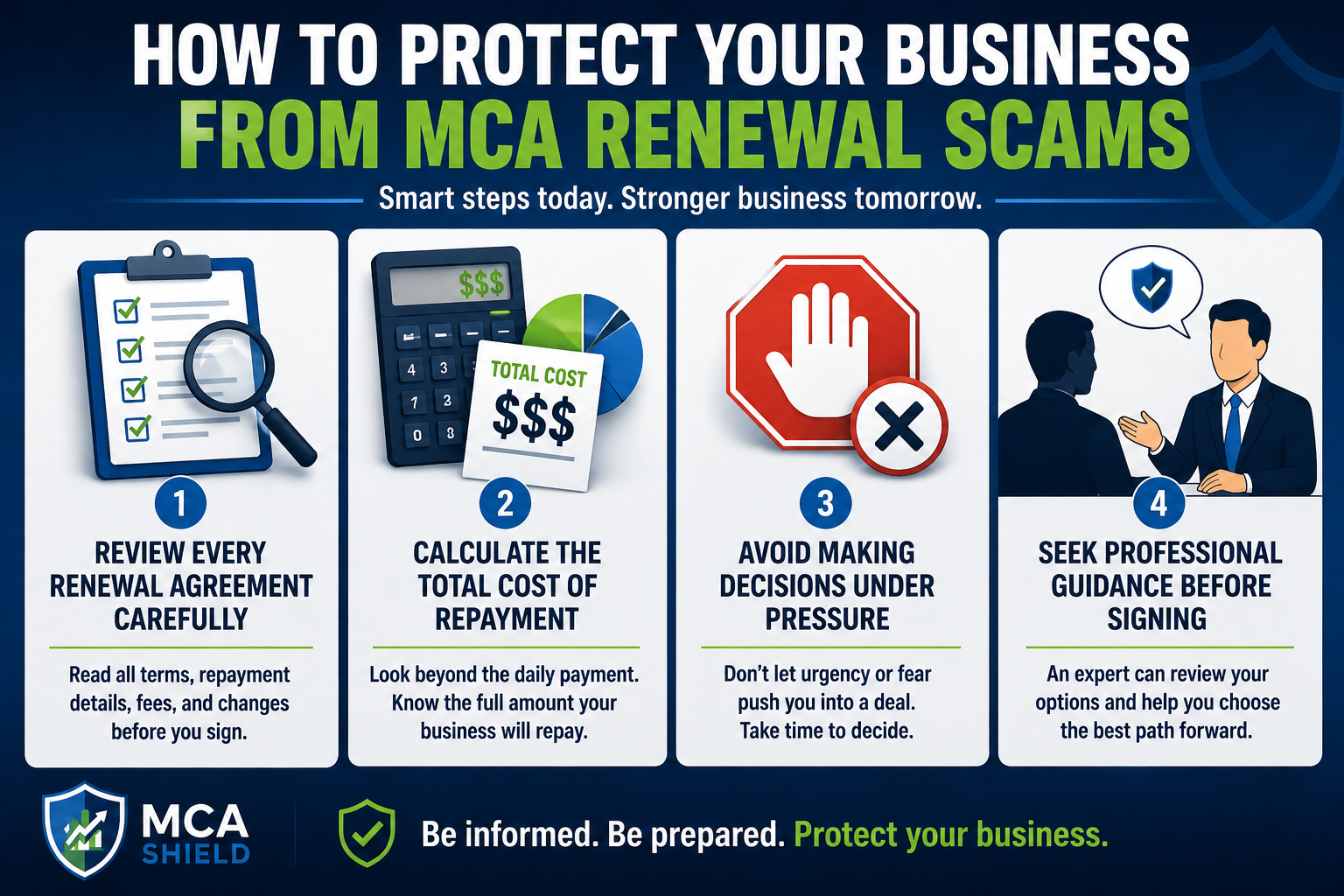 Infographic showing four ways to protect your business from Merchant Cash Advance renewal scams: review renewal agreements carefully, calculate total repayment costs, avoid high-pressure decisions, and seek professional guidance before signing.
