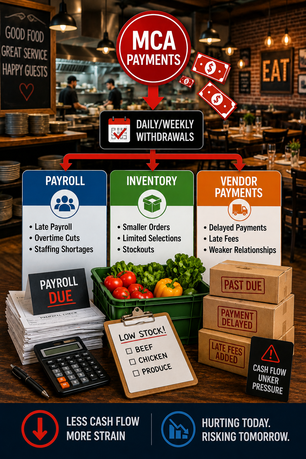 Restaurant-themed infographic showing how MCA payments impact payroll, inventory, and vendor payments. A busy restaurant dining area and open kitchen appear in the background, while daily and weekly withdrawals reduce cash flow available for staffing, food inventory, and supplier payments, creating operational and financial pressure.