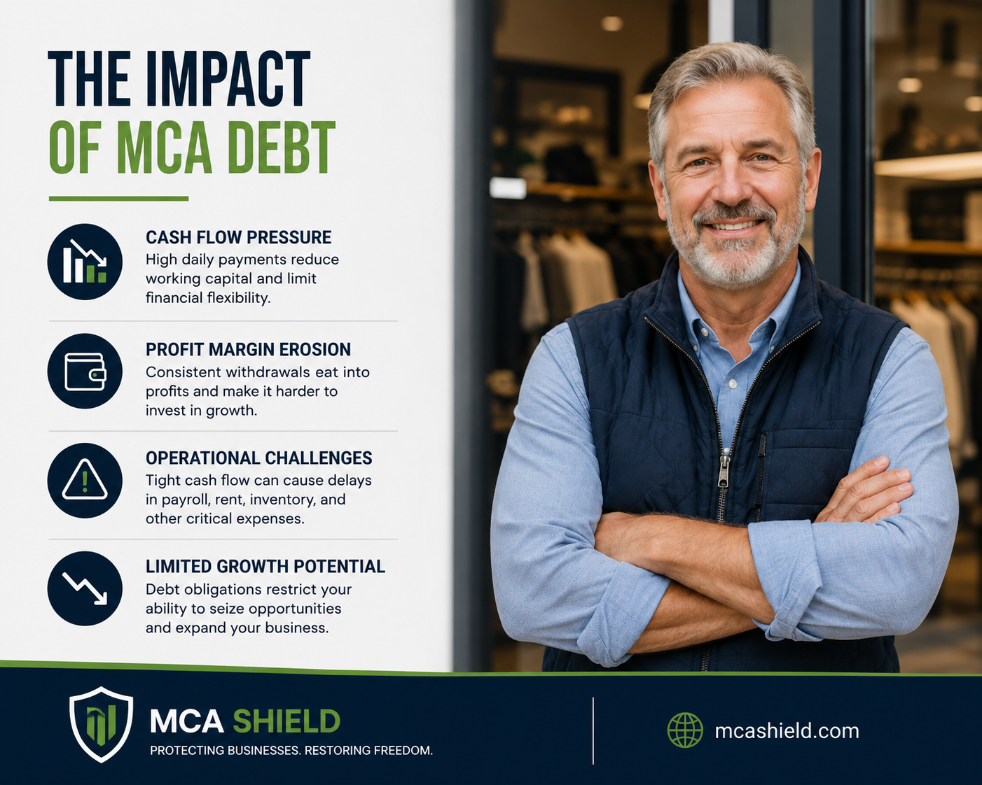Gray-haired retail business owner standing confidently in front of his store while an infographic highlights the impact of MCA debt on business operations, including cash flow pressure, profit margin erosion, operational challenges, and limited growth potential. MCA Shield branded graphic.