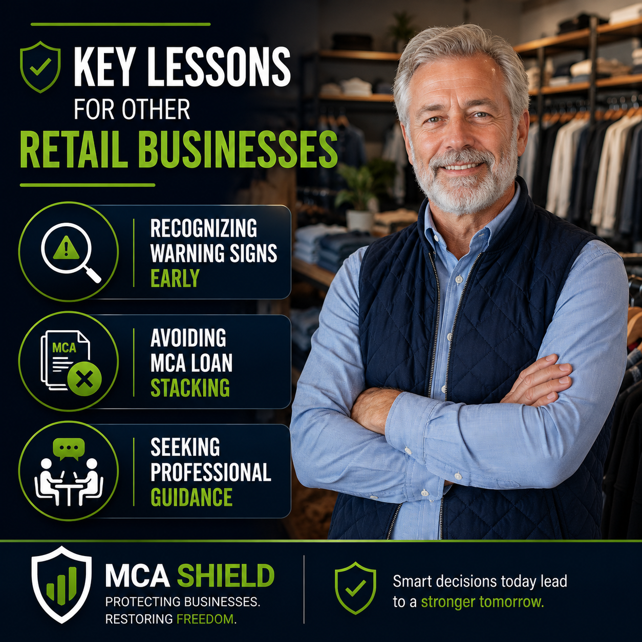 Square MCA Shield infographic featuring a confident gray-haired retail business owner standing with arms crossed inside his clothing store. The graphic highlights three key lessons for retail businesses: recognizing warning signs early, avoiding MCA loan stacking, and seeking professional guidance. Dark navy background with green accents and MCA Shield branding.