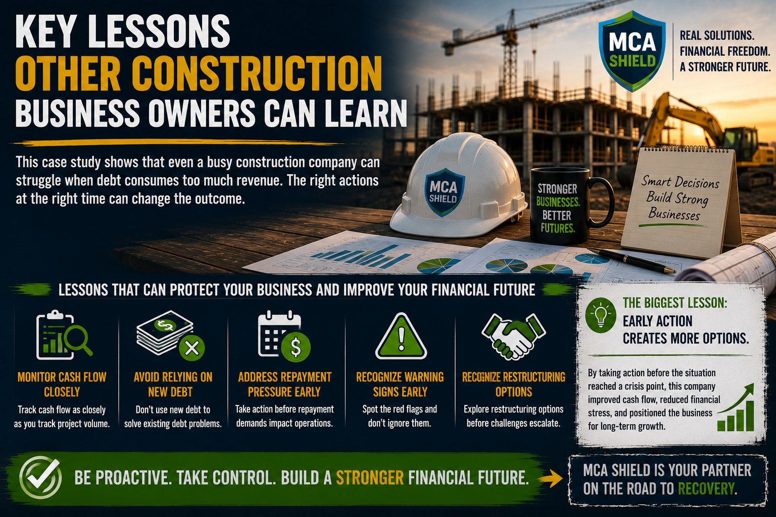 Horizontal infographic highlighting key lessons from a construction company debt recovery case study, featuring a construction site background, financial planning documents, cash flow management strategies, early warning signs, debt restructuring insights, and MCA Shield branding focused on long-term business stability and growth.