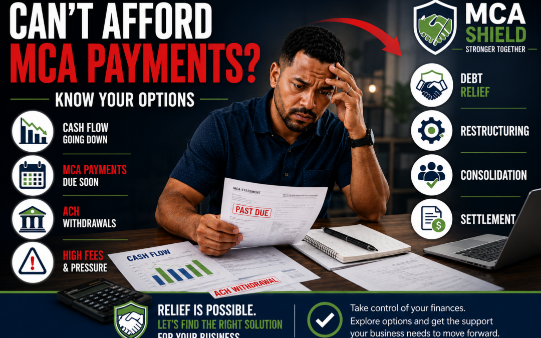 Business owner who can't afford MCA payments reviewing overdue notices and cash flow reports while considering Merchant Cash Advance debt relief solutions.
