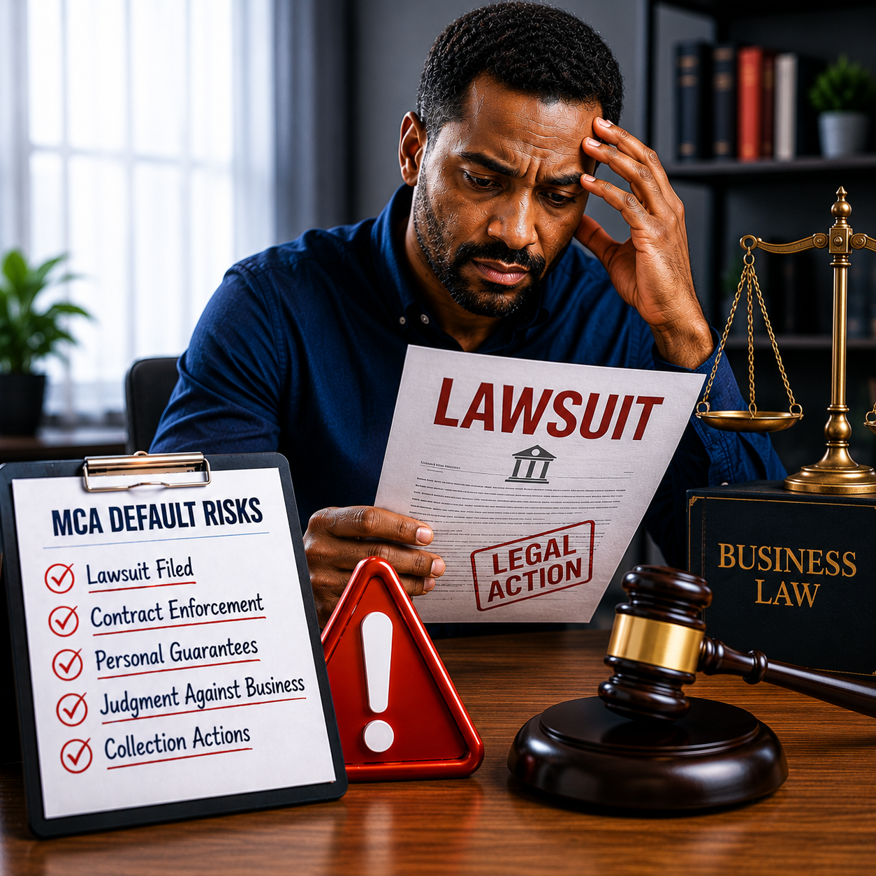 Concerned business owner reviewing lawsuit paperwork beside legal documents and warning signs, illustrating the risk of legal action after a merchant cash advance default.