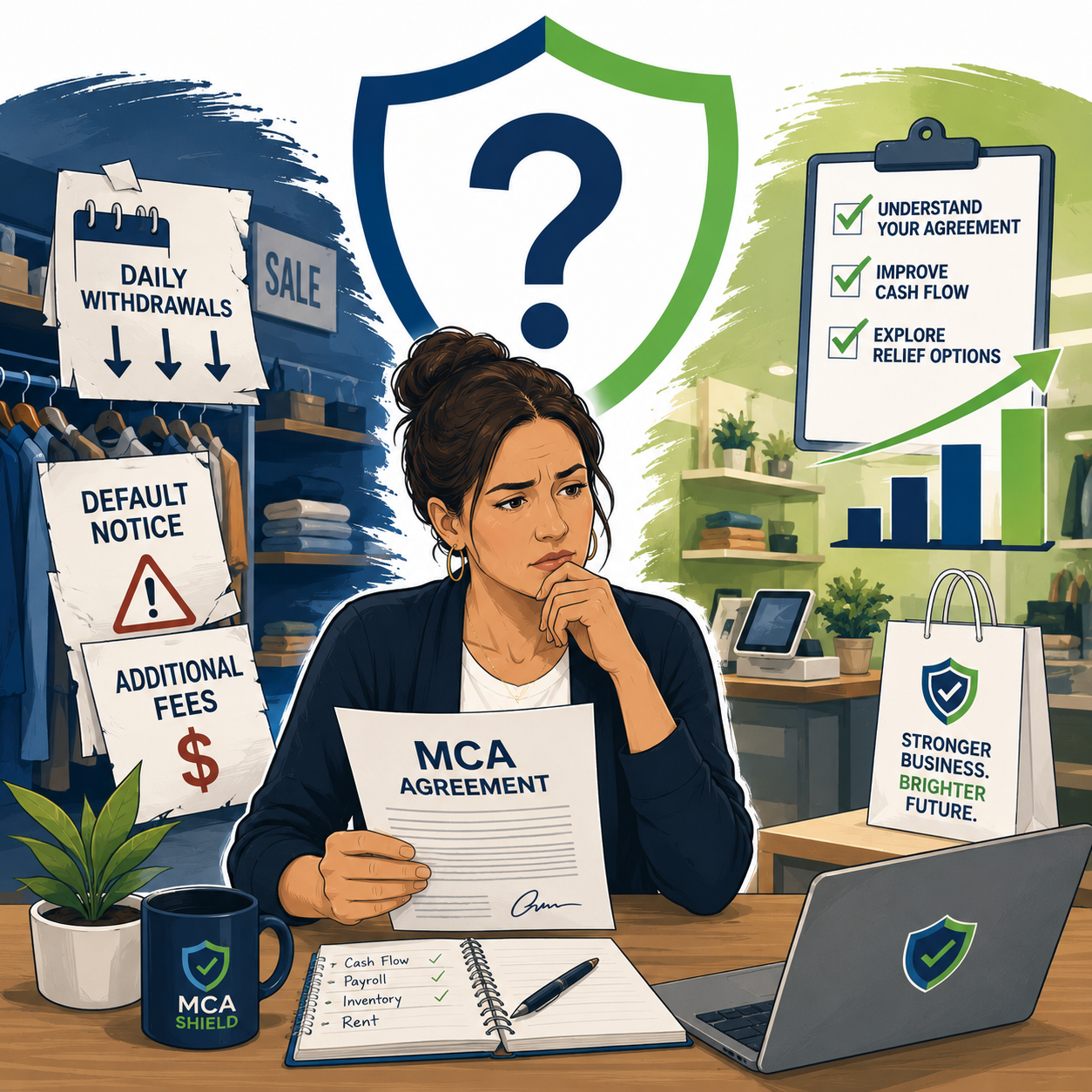 Illustrated retail store owner reviewing an MCA agreement while weighing options to stop MCA payments, with visuals representing cash flow challenges, fees, and business relief solutions.