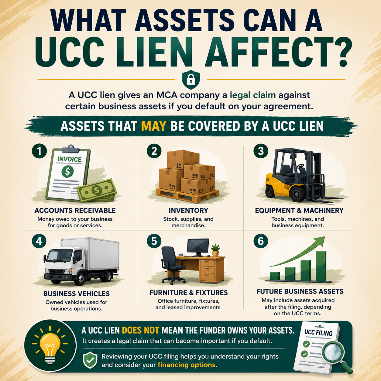 Educational infographic explaining which business assets a UCC lien may affect, including accounts receivable, inventory, equipment and machinery, business vehicles, furniture and fixtures, and future business assets. The graphic uses a beige background with teal and gold accents and explains that a UCC lien creates a legal claim but does not mean the funder owns the assets.