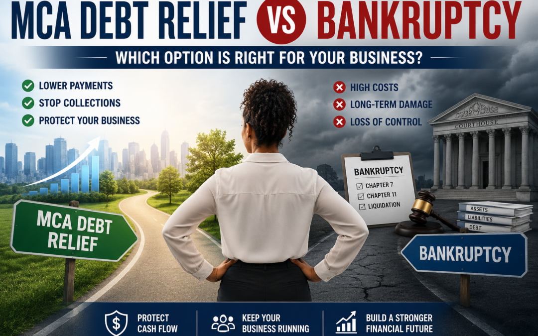 Small business owner comparing MCA debt relief vs bankruptcy, illustrating Merchant Cash Advance debt relief, business debt restructuring, cash flow protection, and bankruptcy alternatives for struggling businesses.