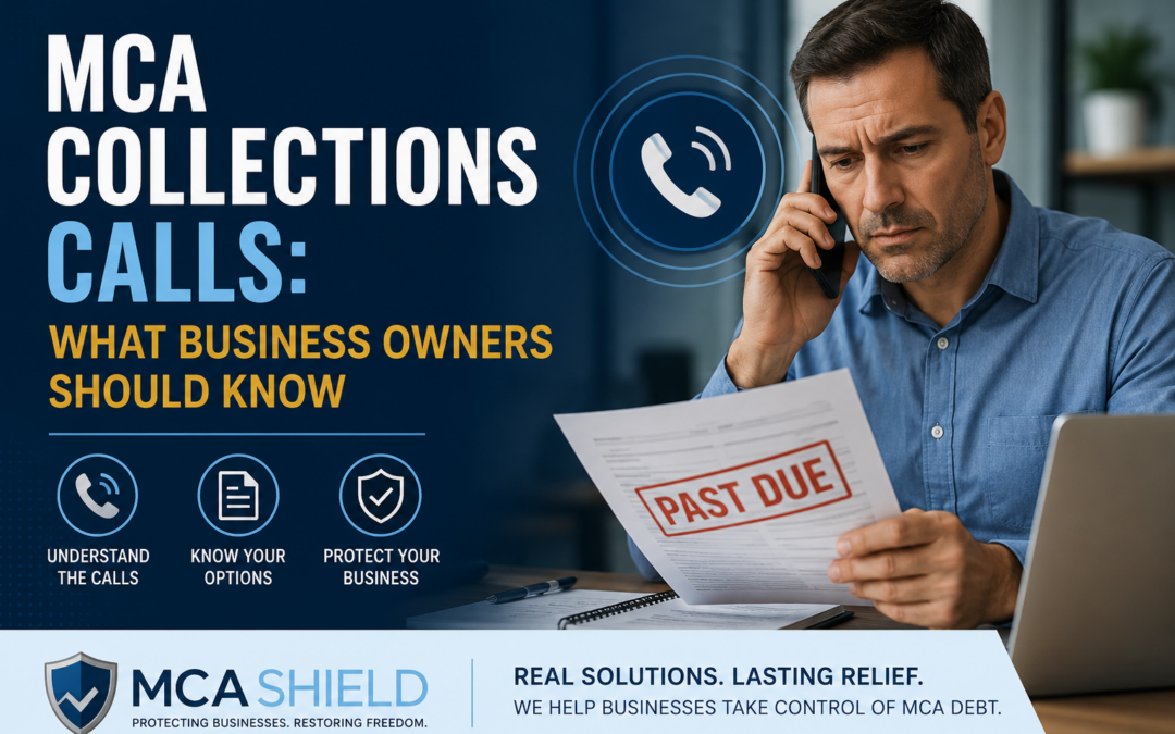 Business owner reviewing a past-due notice while speaking on the phone about MCA collections calls. Featured image for an article explaining merchant cash advance collection calls, business debt relief options, and strategies for managing MCA payment challenges. MCA Shield logo displayed at the bottom.