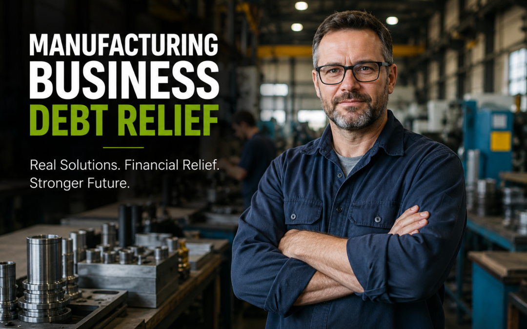 Confident manufacturing business owner standing inside a modern production facility with industrial equipment in the background, representing manufacturing business debt relief and financial recovery solutions.