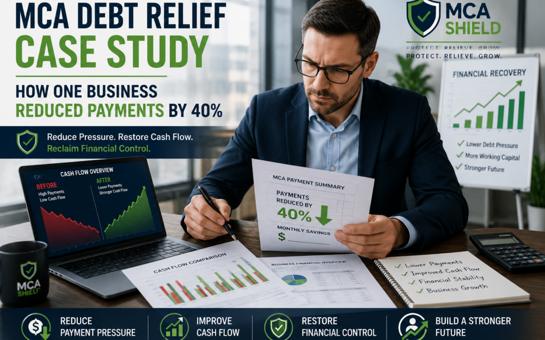 Business owner reviewing financial reports and cash flow data after Merchant Cash Advance debt relief reduced payments by 40 percent