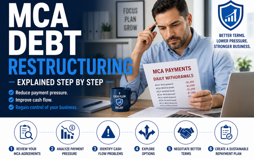 Business owner reviewing MCA payment documents while learning about MCA debt restructuring. Blue and white infographic highlights a step-by-step process to reduce payment pressure, improve cash flow, negotiate better terms, and create a sustainable repayment plan.