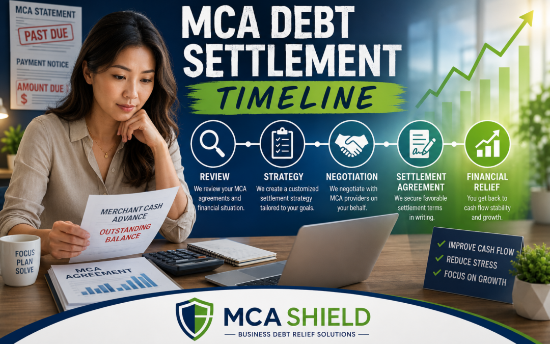 MCA debt settlement timeline explained with female business owner reviewing merchant cash advance debt documents and settlement process steps toward financial relief.