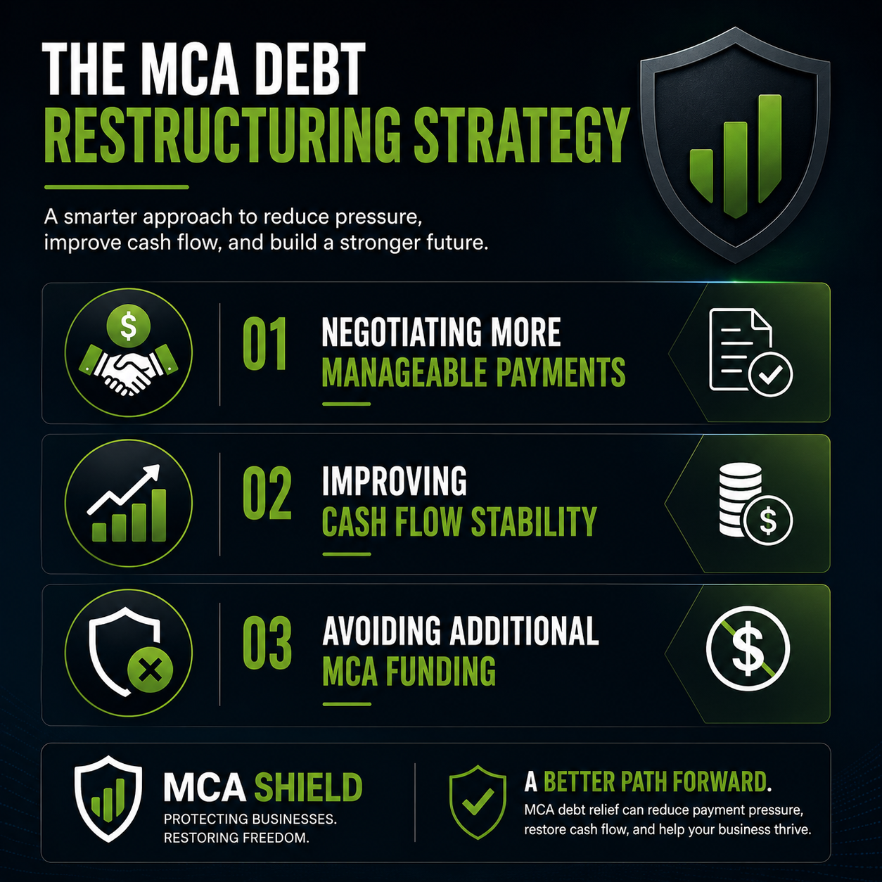 Square infographic with a dark navy gradient background illustrating an MCA debt restructuring strategy. The graphic highlights three key solutions—negotiating more manageable payments, improving cash flow stability, and avoiding additional MCA funding—using bold green and white icons, streamlined visual panels, and MCA Shield branding. A large shield graphic and clean, modern design emphasize business recovery, financial stability, and long-term growth.