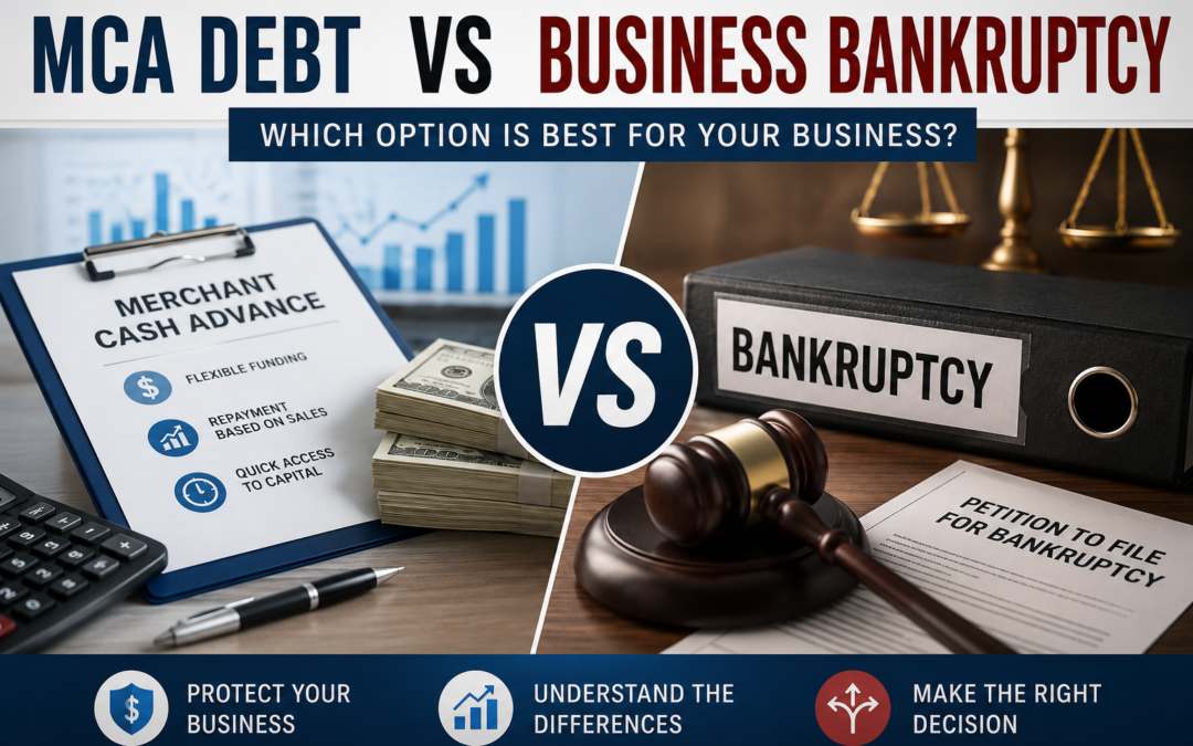 Featured image comparing MCA debt vs business bankruptcy, showing merchant cash advance financing on one side and bankruptcy documents with a judge's gavel on the other, illustrating business debt relief options.