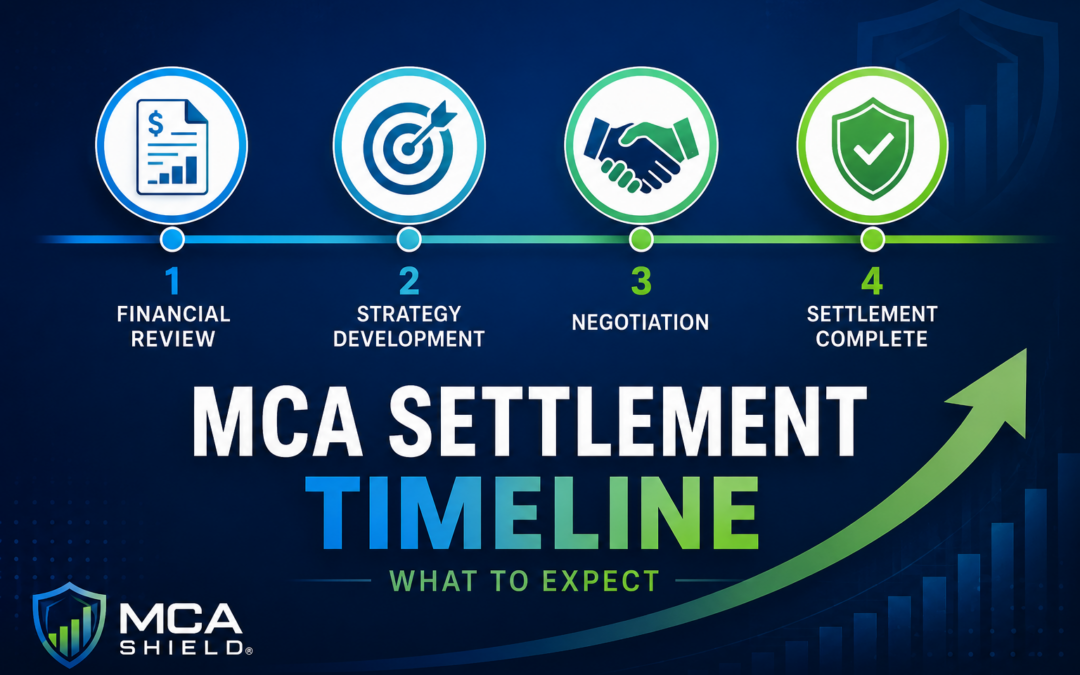MCA Settlement Timeline infographic showing four stages of the settlement process: Financial Review, Strategy Development, Negotiation, and Settlement Complete, connected by a timeline with a growth arrow on a blue financial background and MCA Shield branding.