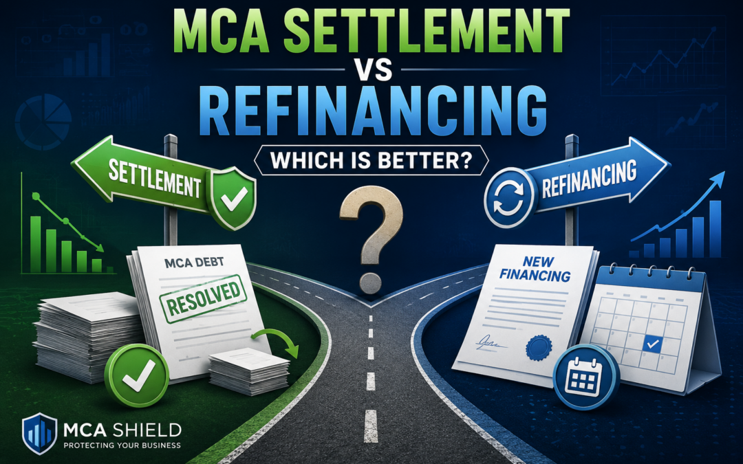 Illustration comparing MCA settlement and refinancing, featuring a fork in the road with separate paths for debt resolution and new financing, surrounded by financial documents, charts, and decision-making symbols. MCA Shield logo displayed in the corner.