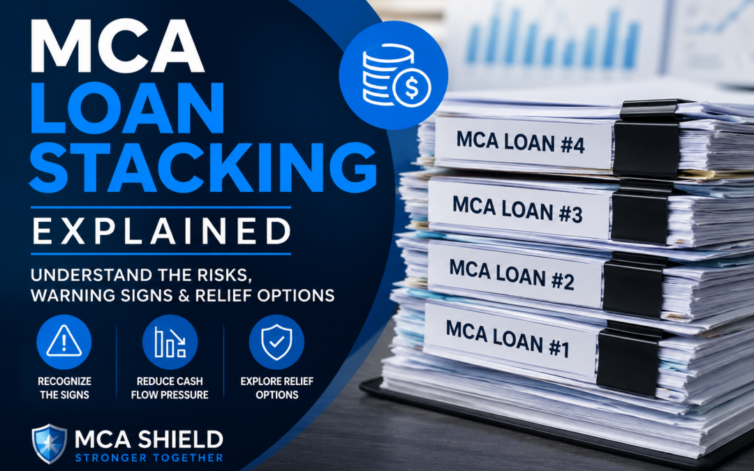 Stacked binders labeled MCA Loan #1 through MCA Loan #4 beside the headline "MCA Loan Stacking Explained," illustrating the growing burden of multiple merchant cash advances and available debt relief options.