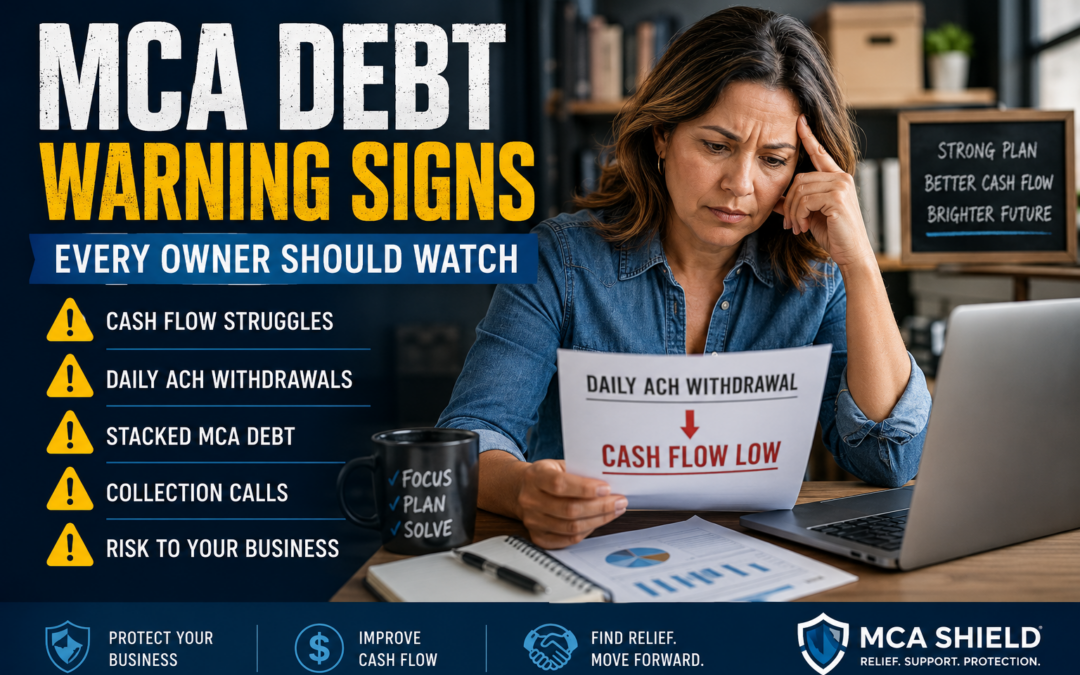 Business owner reviewing financial documents while identifying MCA debt warning signs, including cash flow problems, daily ACH withdrawals, stacked MCA debt, and collection pressure.