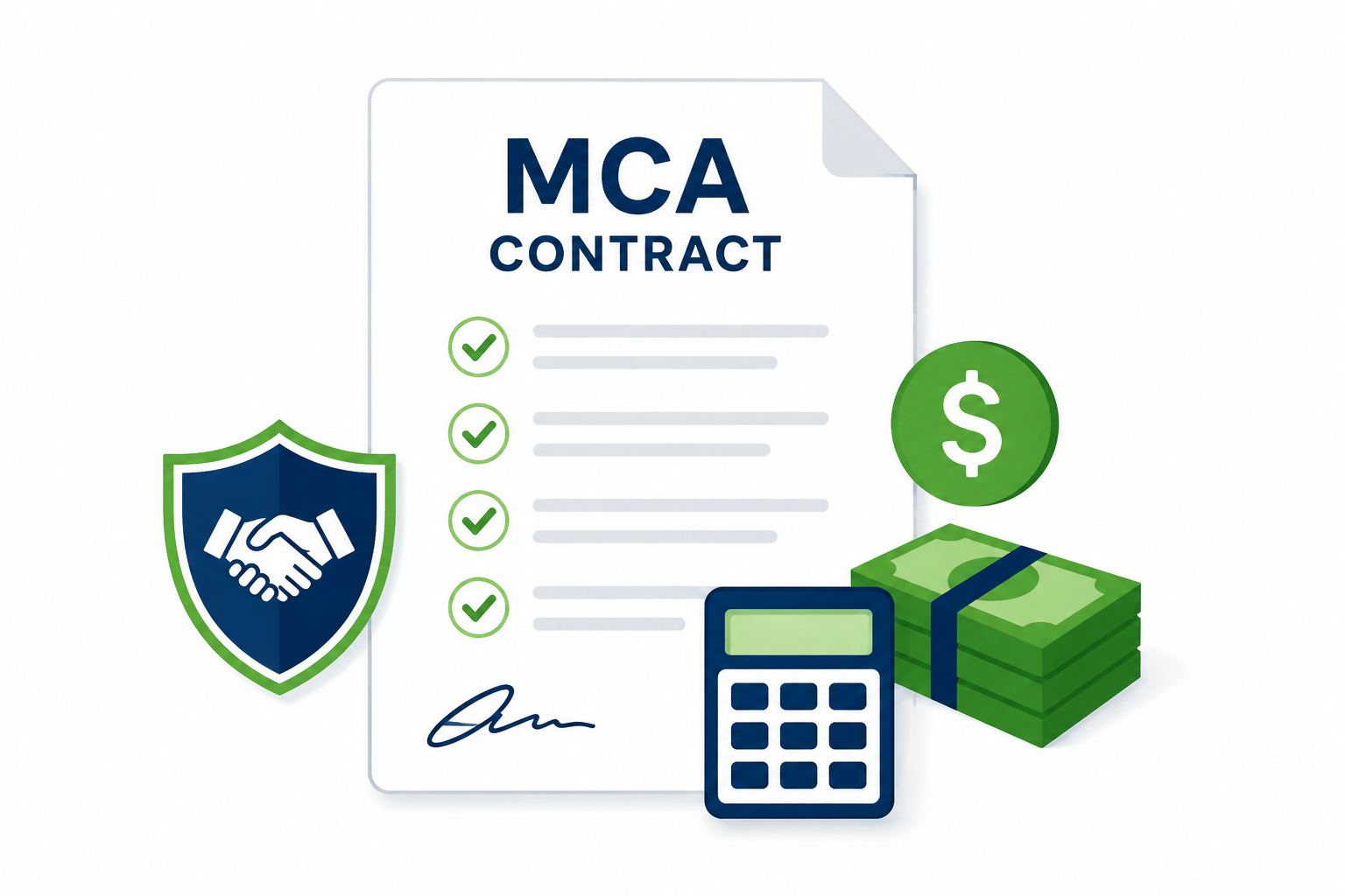 Simple illustration of an MCA contract document with finance icons representing funding, repayment terms, calculations, and business agreements.