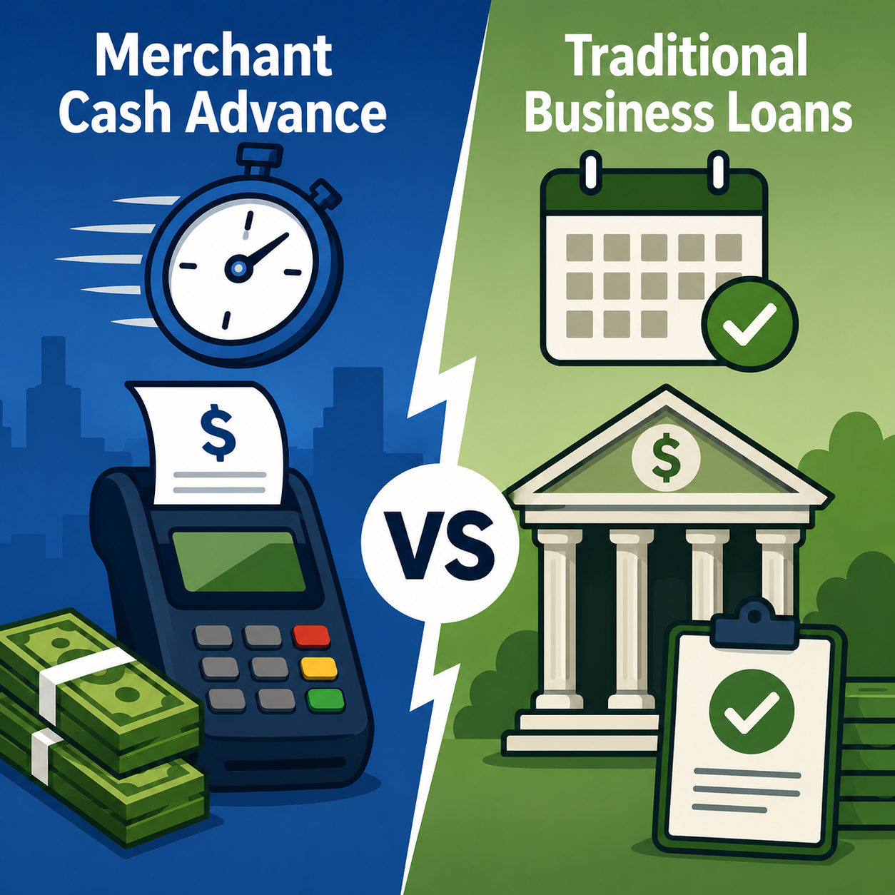 Illustration comparing a Merchant Cash Advance and a Traditional Business Loan, showing fast funding and frequent repayment on one side versus structured financing, predictable payments, and bank lending on the other.