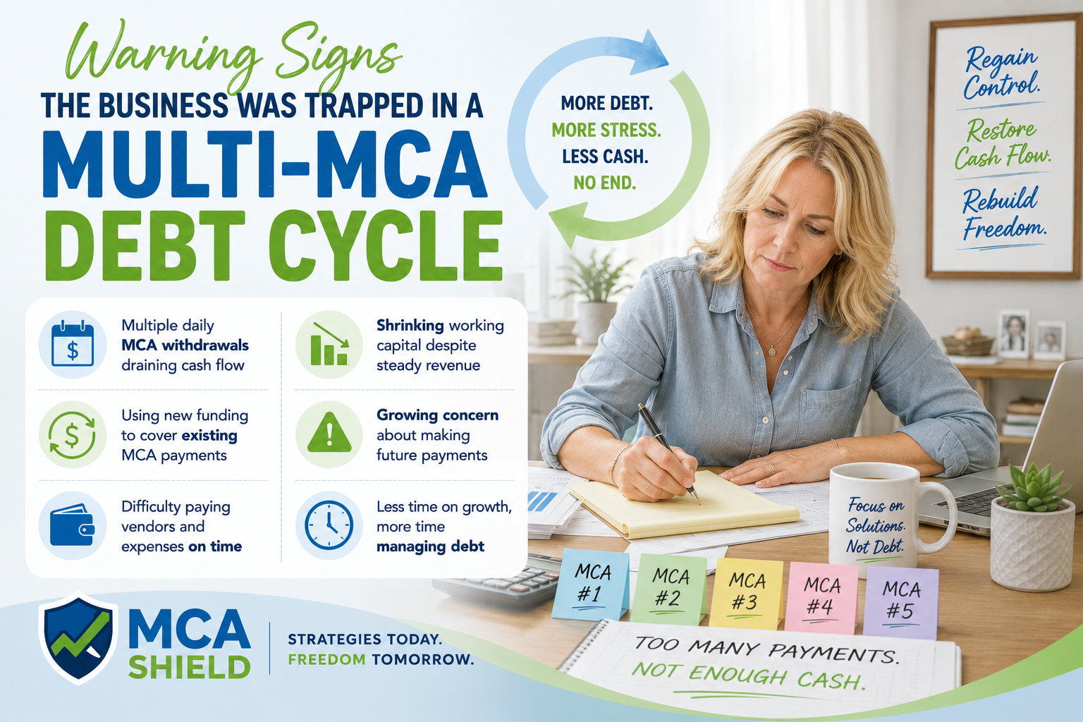 Horizontal infographic illustrating the warning signs of a business trapped in a multi-MCA debt cycle. A business owner reviews financial documents while tracking multiple MCA obligations. Pastel blue and green graphics highlight shrinking cash flow, repeated MCA borrowing, payment pressure, and mounting financial stress. The MCA Shield logo appears in the lower left corner, symbolizing professional debt relief and financial recovery.