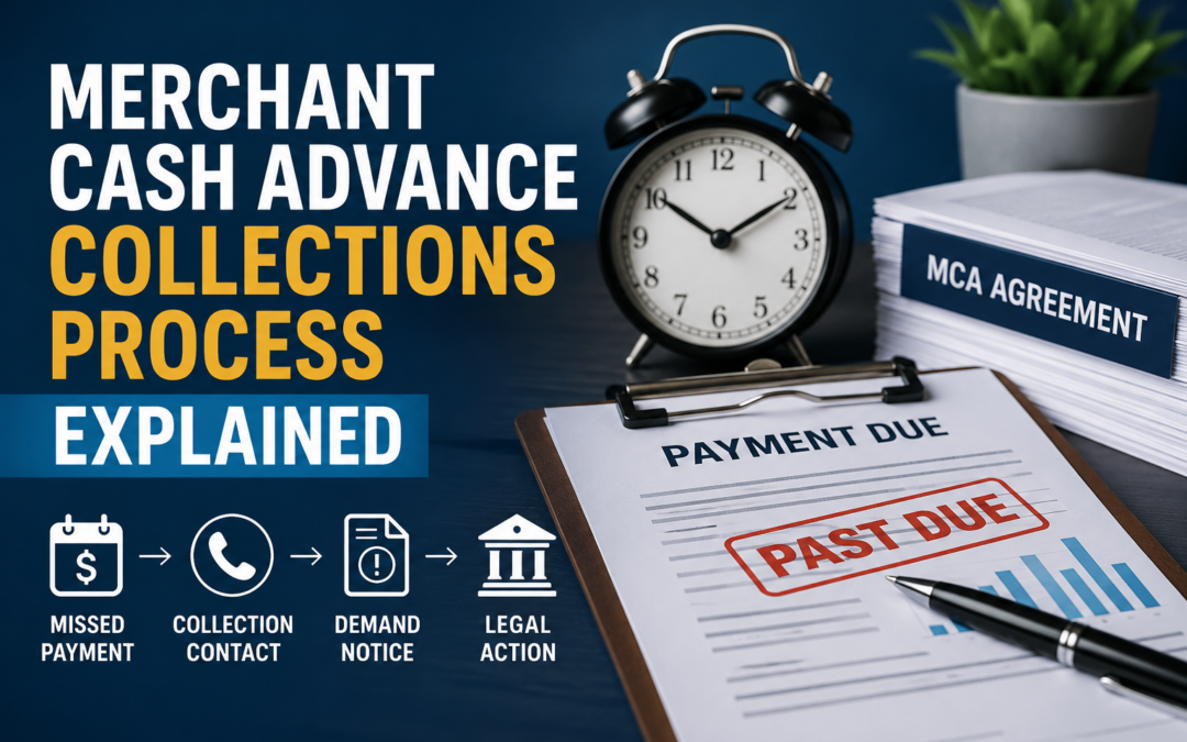 Featured image for "Merchant Cash Advance Collections Process Explained" showing a payment due notice, MCA agreement documents, and a timeline illustrating the stages of the merchant cash advance collections process.
