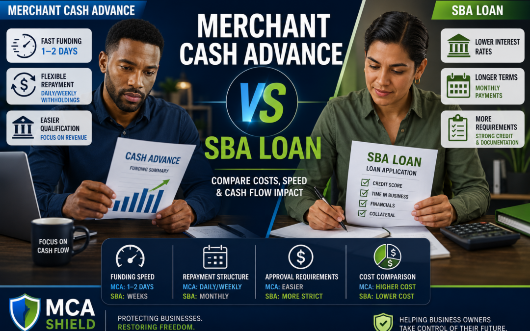 Merchant cash advance vs SBA loan comparison showing business owners reviewing funding options, repayment terms, approval requirements, costs, and cash flow impact.