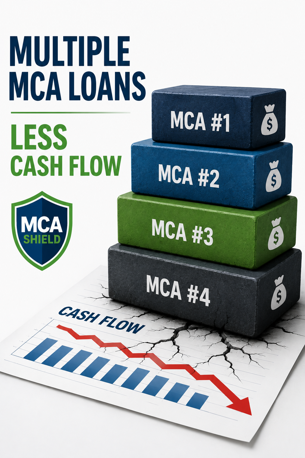 Multiple Loans Stack of multiple MCA loans crushing a cash flow chart, illustrating how MCA stacking can reduce working capital and increase payment pressure for businesses.
