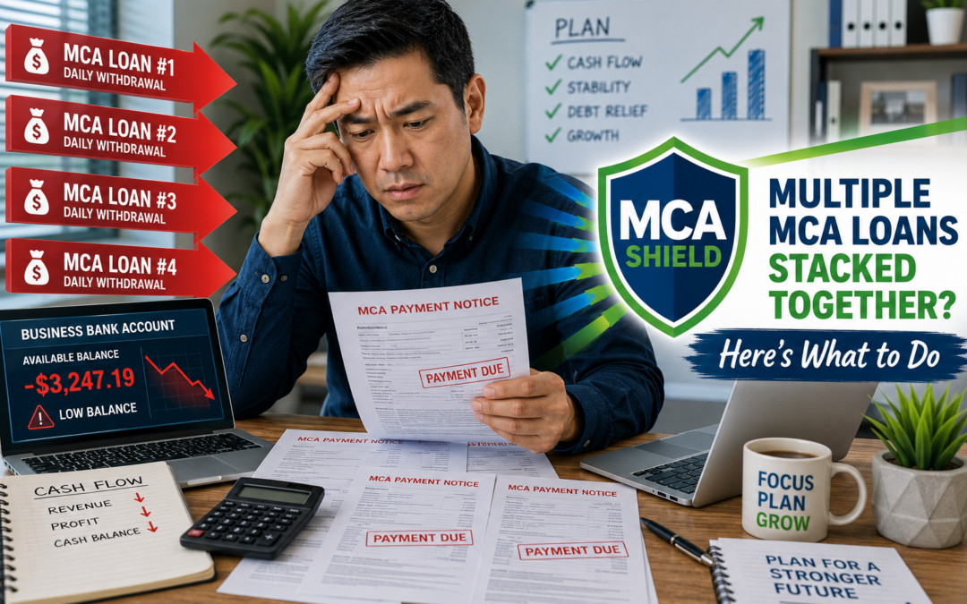 Business owner reviewing multiple stacked MCA loan payment notices while struggling with cash flow and daily withdrawals.