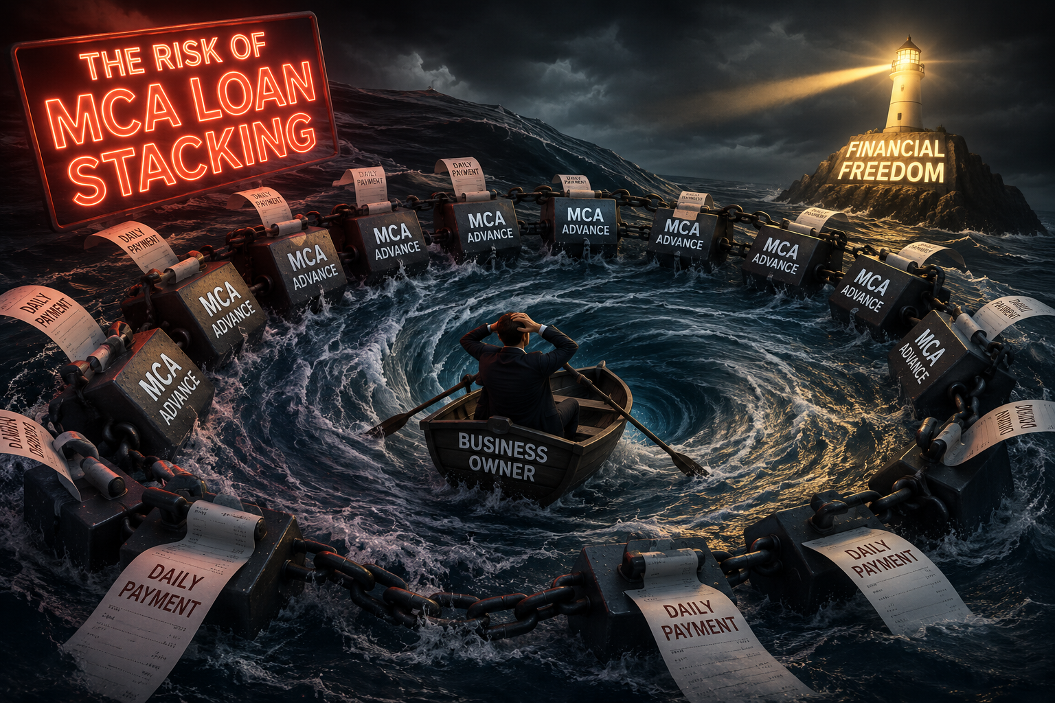 Creative illustration showing a business owner trapped in a whirlpool of MCA loan stacking. Multiple MCA advances and daily payment obligations form a chain around the vortex, while a distant lighthouse symbolizes financial freedom. The image represents the growing cash flow pressure, debt cycle, and risks associated with stacking multiple Merchant Cash Advances.
