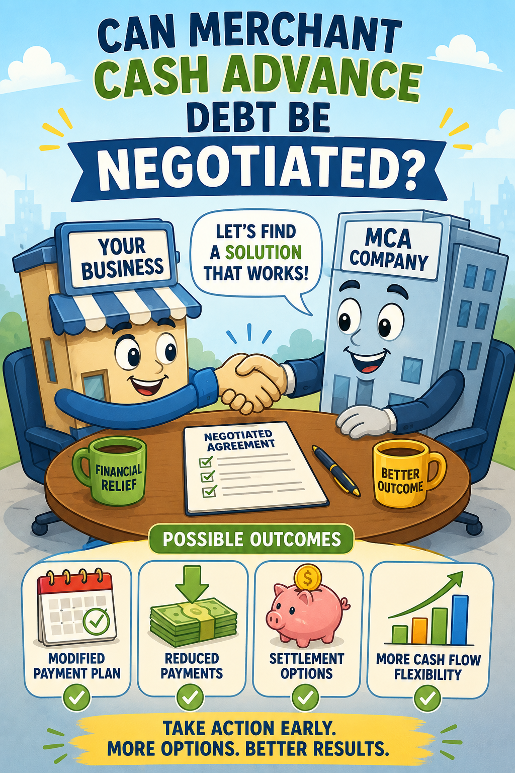Colorful cartoon infographic showing MCA debt negotiation, with a business and MCA company reaching an agreement to reduce payment pressure and improve cash flow.