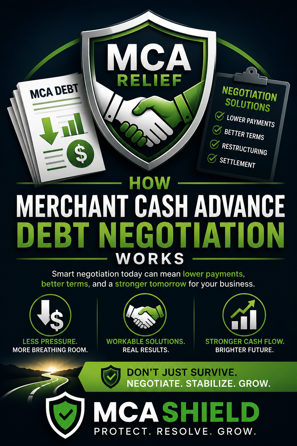 Negotiation Merchant cash advance debt negotiation infographic showing MCA relief, lower payments, better terms, debt restructuring options, and improved cash flow for businesses.