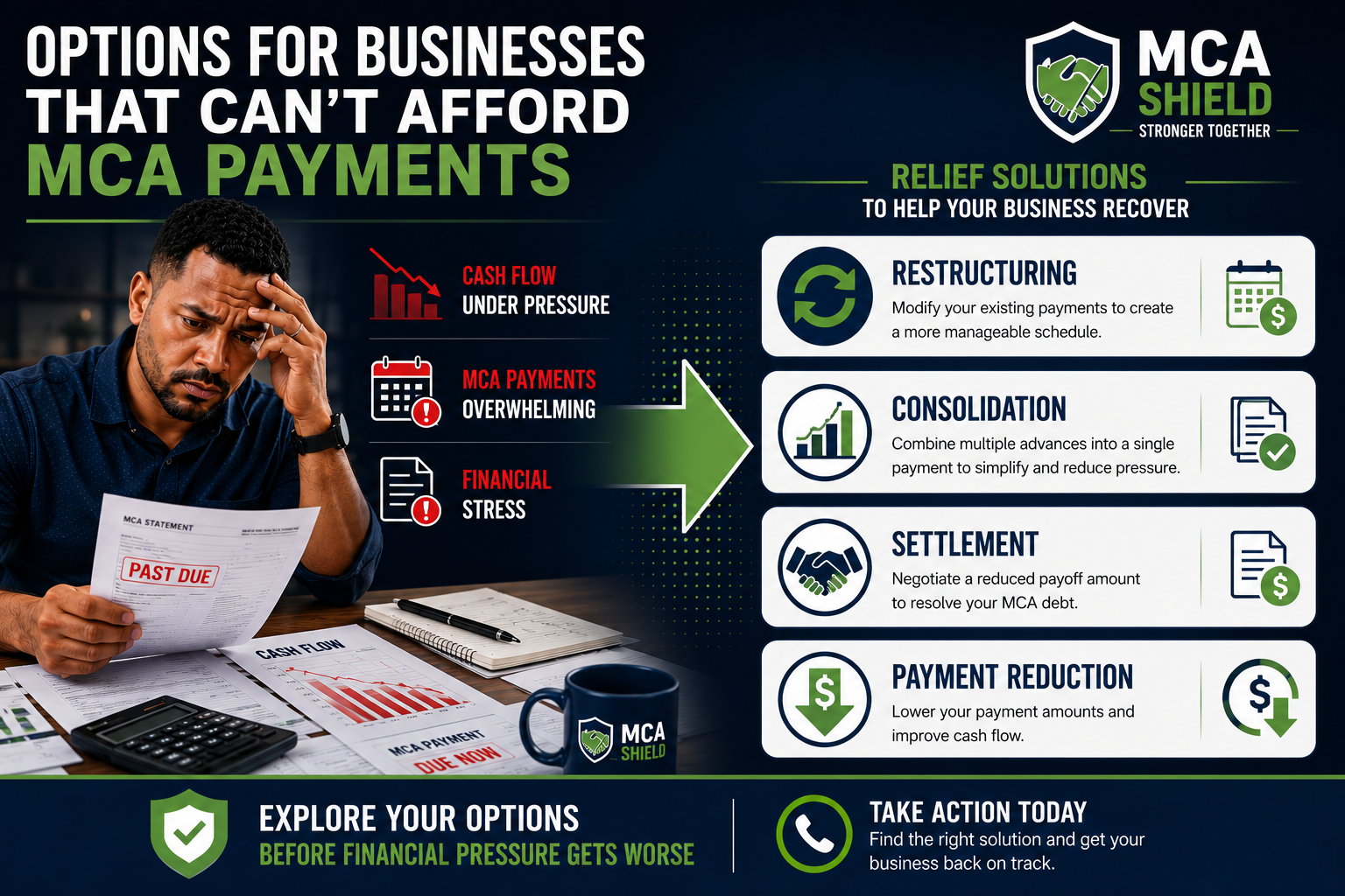 Business owner exploring Merchant Cash Advance relief options including restructuring, consolidation, settlement, and payment reduction programs to improve cash flow and reduce debt pressure.