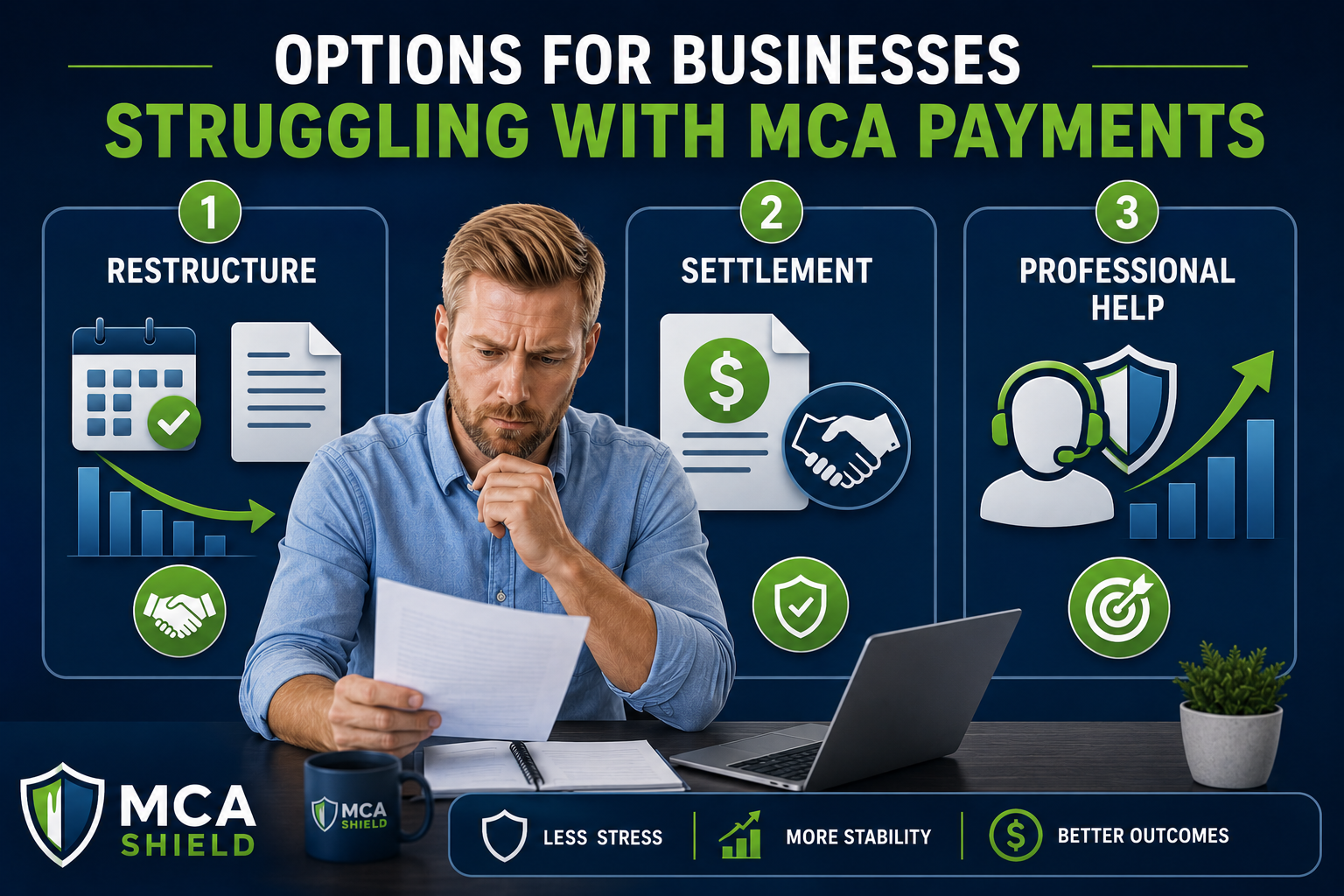 Business owner reviewing financial documents while an infographic highlights three MCA relief options: debt restructuring, settlement programs, and professional negotiation assistance to help reduce payment pressure and improve cash flow stability.