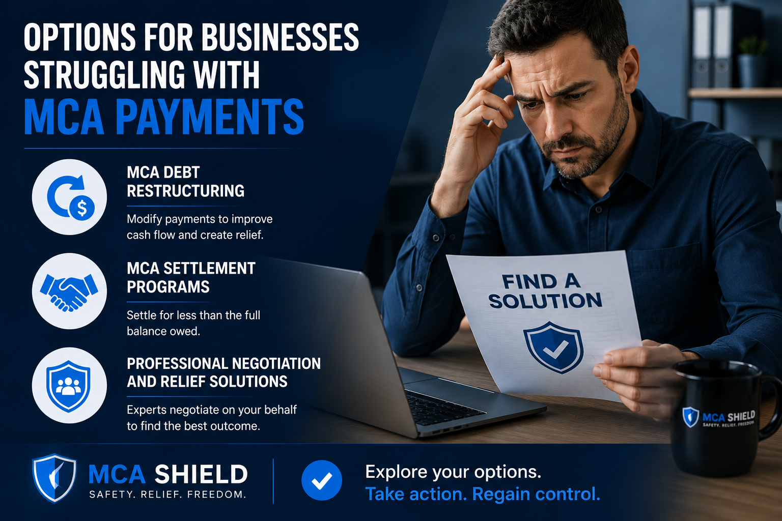 Concerned business owner reviewing financial documents while exploring MCA debt restructuring, settlement programs, and professional relief solutions after bounced merchant cash advance payments.