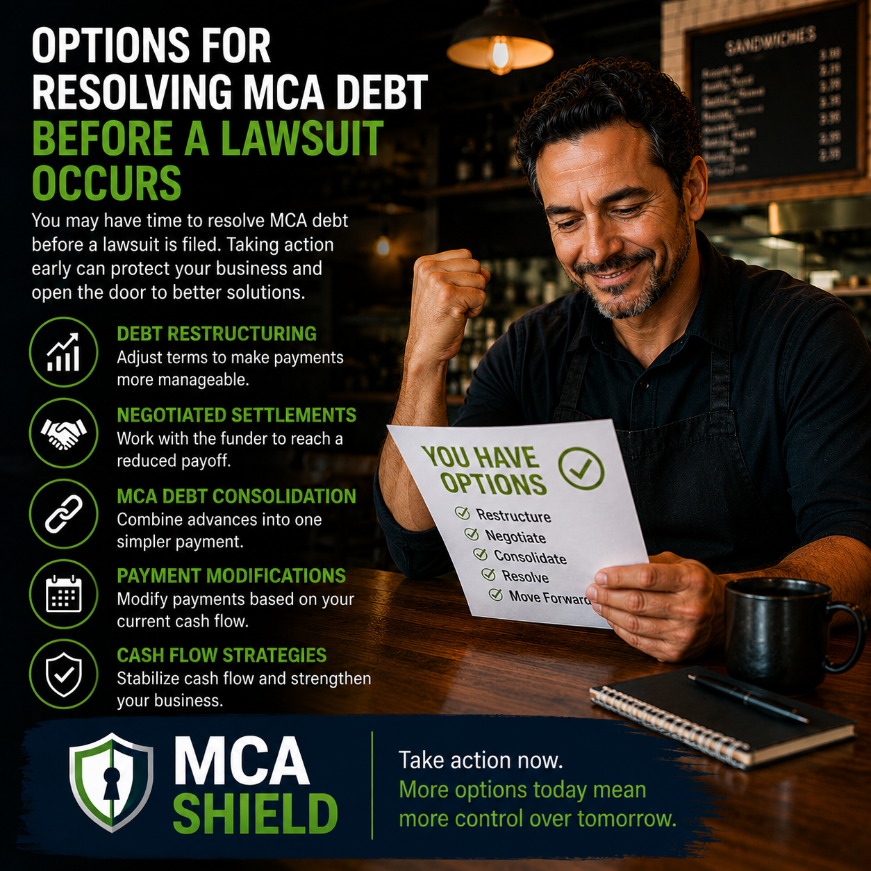 Restaurant owner reviewing MCA debt relief options with confidence, highlighting debt restructuring, negotiated settlements, debt consolidation, payment modifications, and cash flow strategies to avoid a lawsuit and regain financial control.